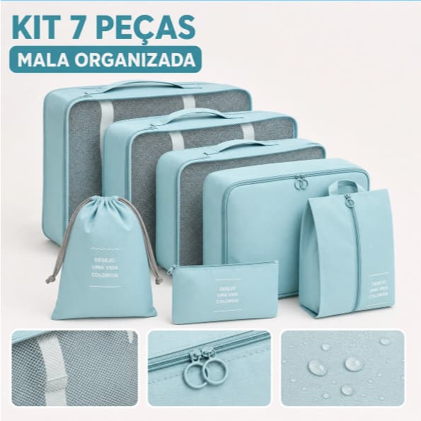 Kit de 7 Peças Bolsas Organizadoras Impermeáveis, Protegem suas Roupas na Mala e Bagagem de Viagem