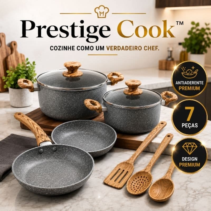 Kit Panelas Antiaderente 7 Peças com Utensílios Revestimento Antiaderente Cabos Ergonômicos Cinza Prestige Cook™