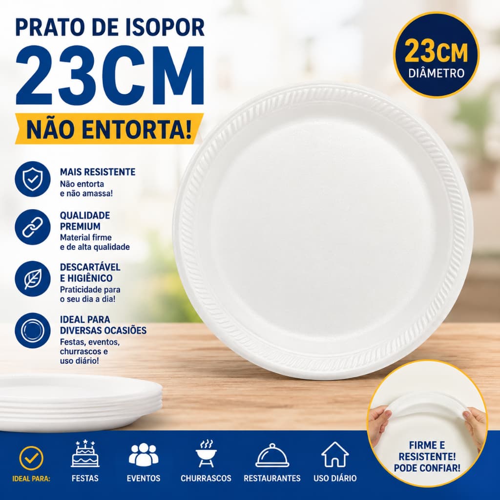 Prato Raso Ultratherm Isopor 23cm Térmico Descartável Resistente Mantém Temperatura Almoço Churrasco