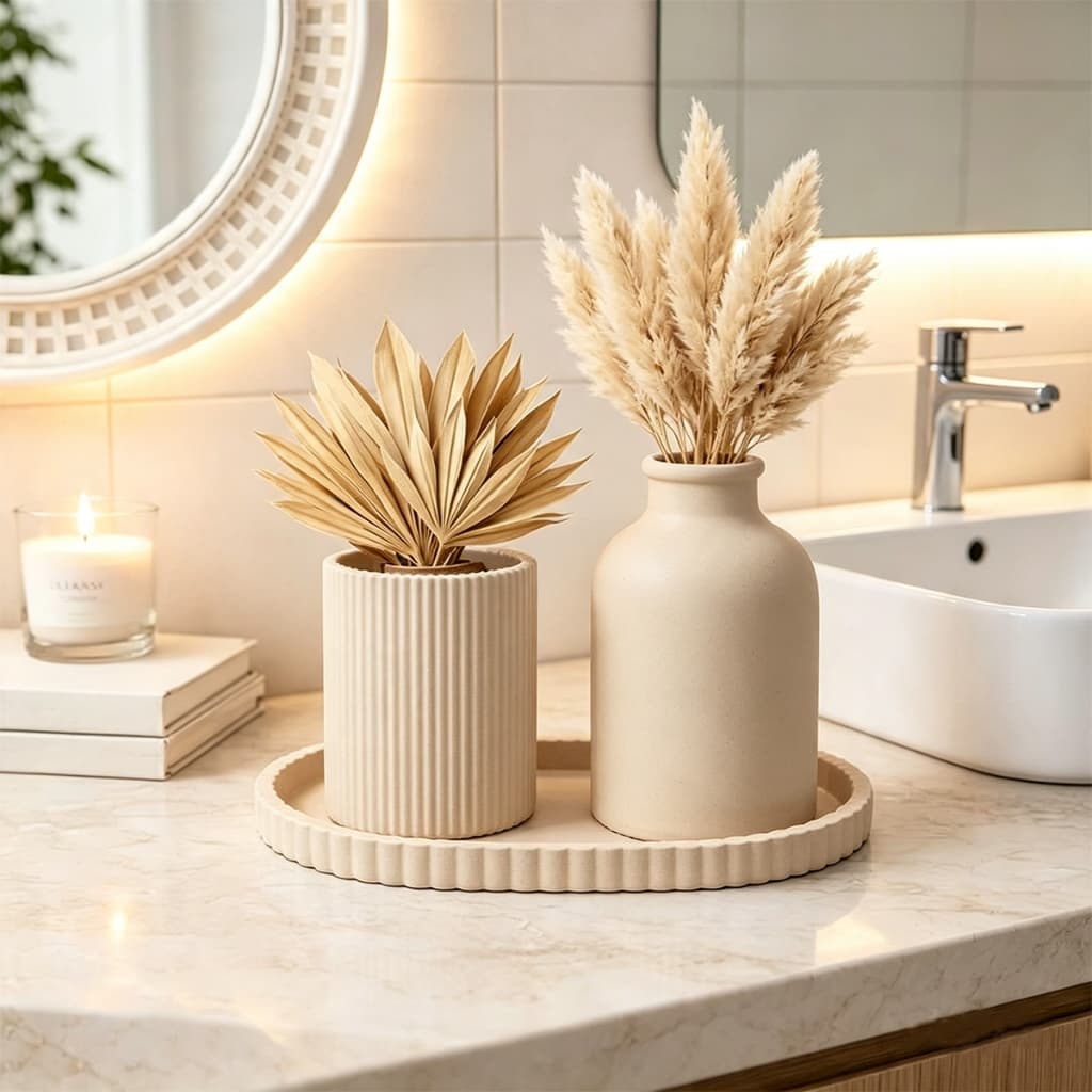 Kit Vasos Decorativos com Bandeja Oval Canelada p/ Banheiro Sala Lavabo Mesa Aparador Decoração Minimalista Branco 3 Pçs