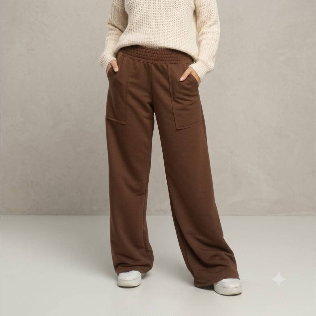Calça Feminina Pantalona Moletinho Com Bolsos Casual Algodão