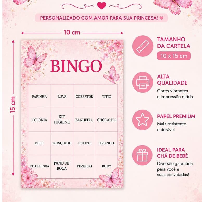 Bingo Chá de Bebê Personalizado Borboletas Rosa Menina | Chá de Fralda | Cartela Impressa