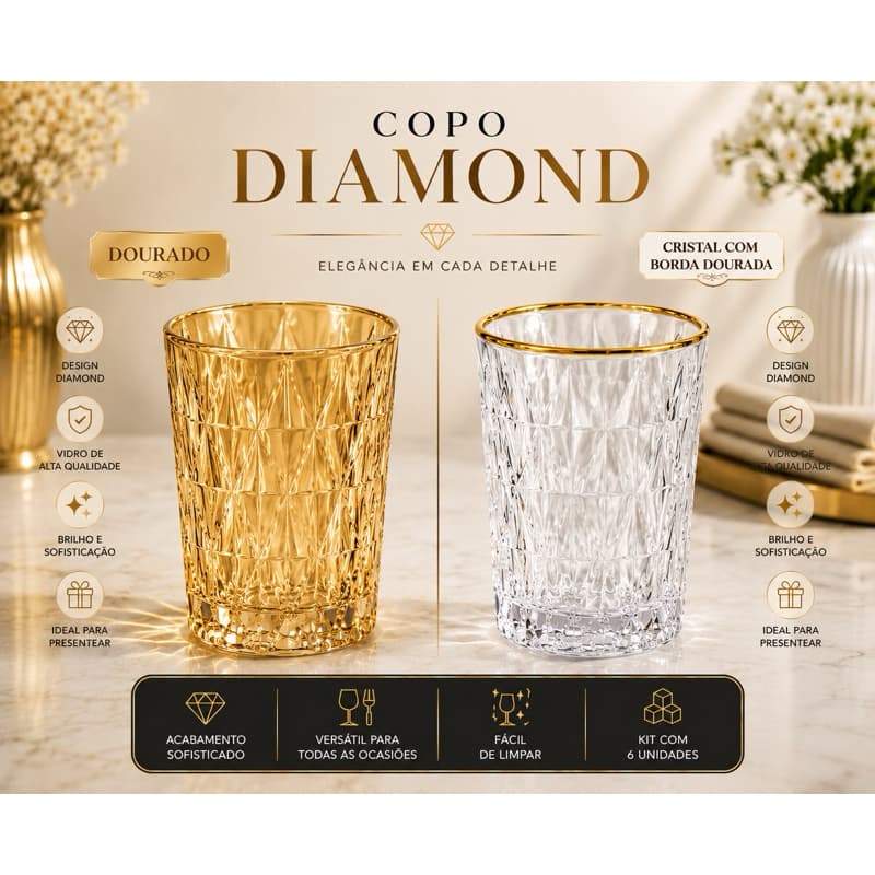 Jogo De Copos com 6un Vidro Diamond 350ml Qualidade 100%