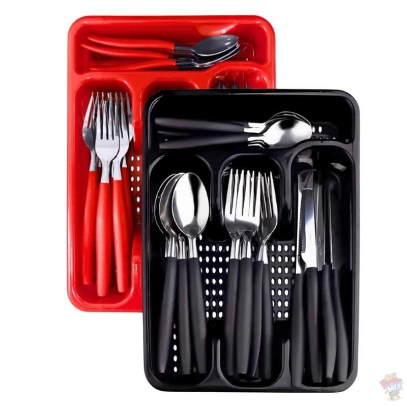 Jogo de Talheres 17 Peças com Porta Talher Inox e Plástico | Colher, Garfo e Faca | Organizador