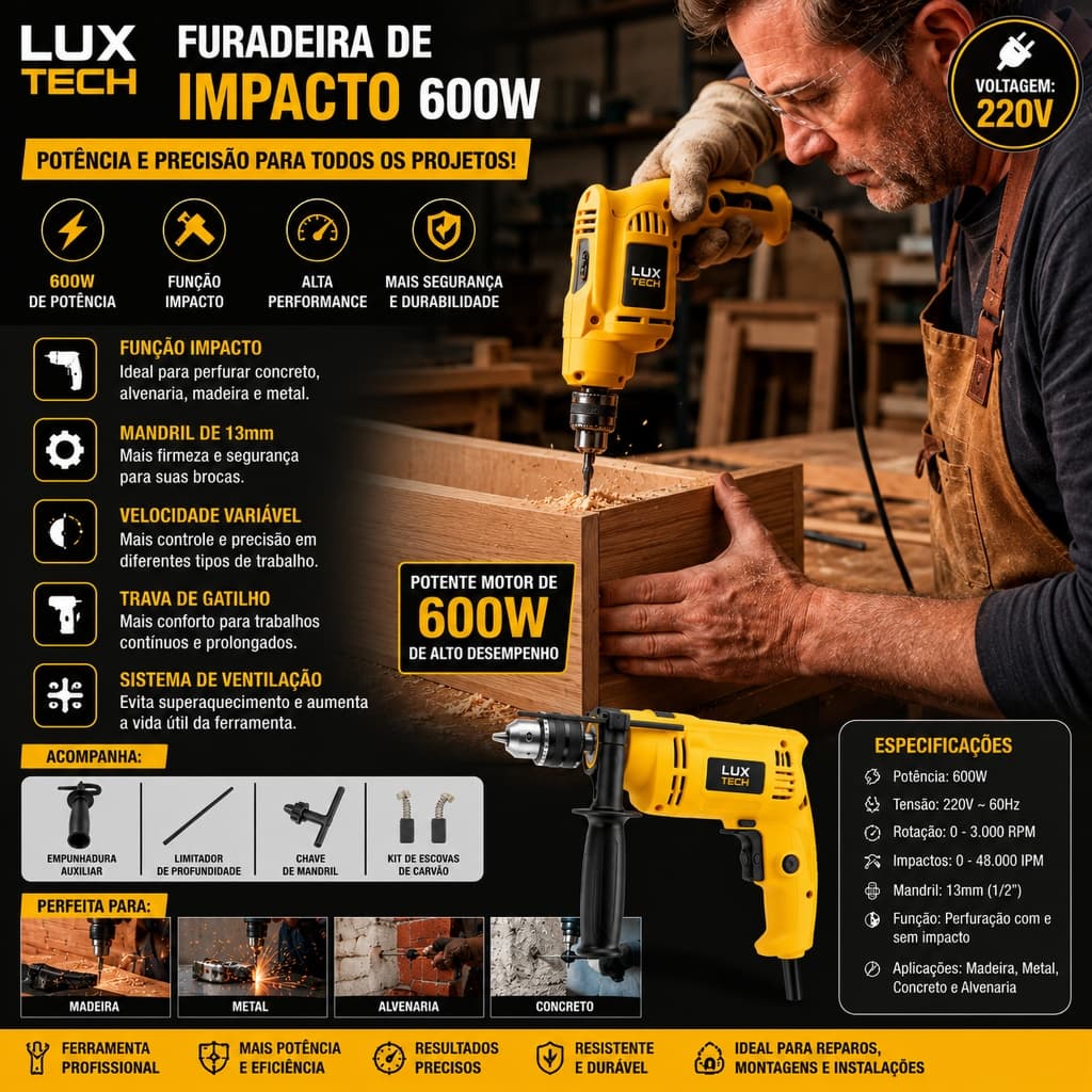 Furadeira de Impacto Reparos Montagem Ferramenta 600W Voltagem:220V