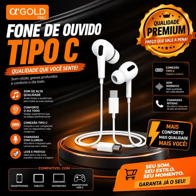 Fone de Ouvido com Fio Tipo C com Microfone Original A’Gold – Som Potente e Conforto para o Dia a Dia