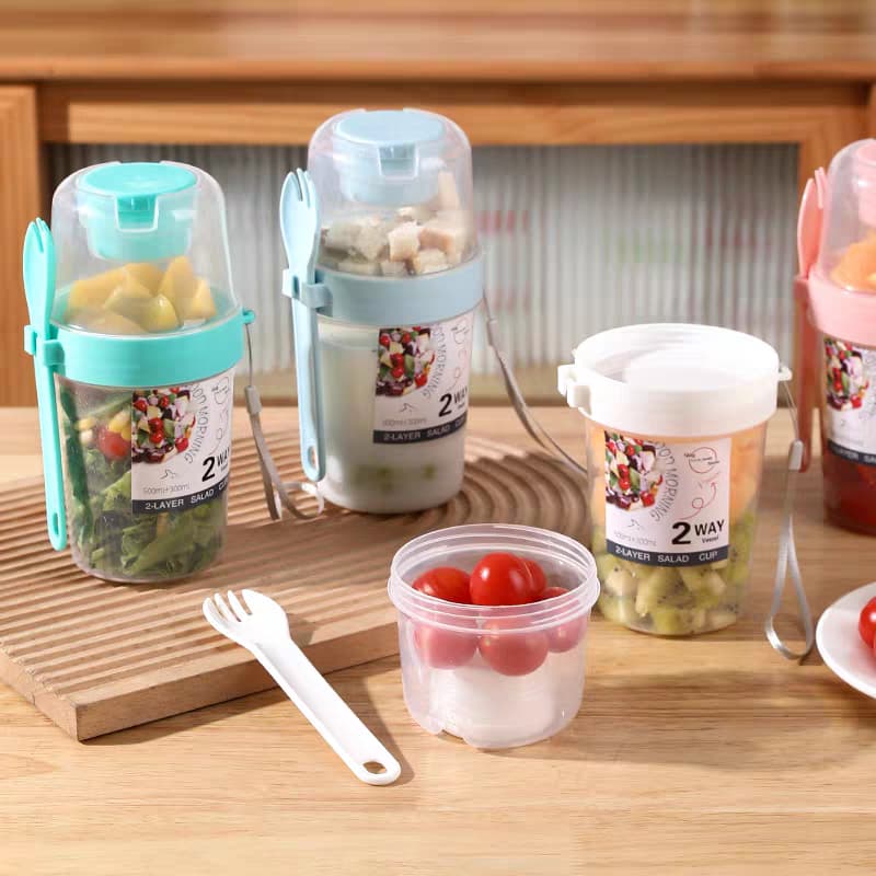 Copo Para Salada De Dupla Camada Caixa Plástica Portátil Multiuso Selada Frutas Várias Cores