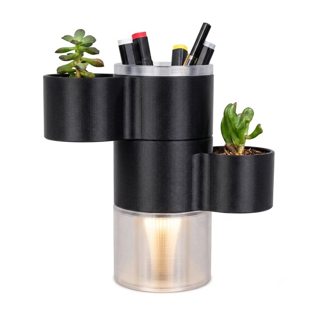 Luminária LED de Mesa com Organizador, Porta-Caneta, Borracha, Lápis e Plantas Decorativos Suculentas