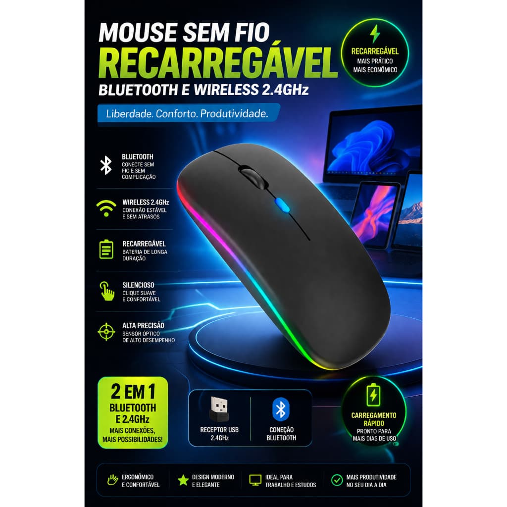 MOUSE SEM FIO RECARREGÁVEL BLUETOOTH E WIRELESS 2.4GHZ PRETO (MS-S350L)