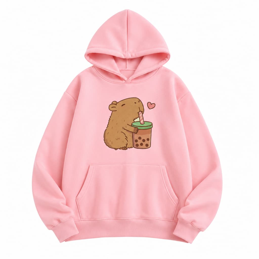 Moletom Canguru Feminino Capivara Bubble Tea Kawaii Com Capuz Algodão Premium Blusa de Frio Casual Anime Fofo Oversized