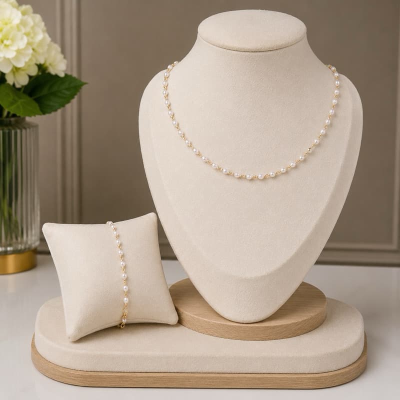 Conjunto Infantil Colar e Pulseira de Pérola Conjunto de Meninas Banhado Ouro 18K Banho Antialegico.