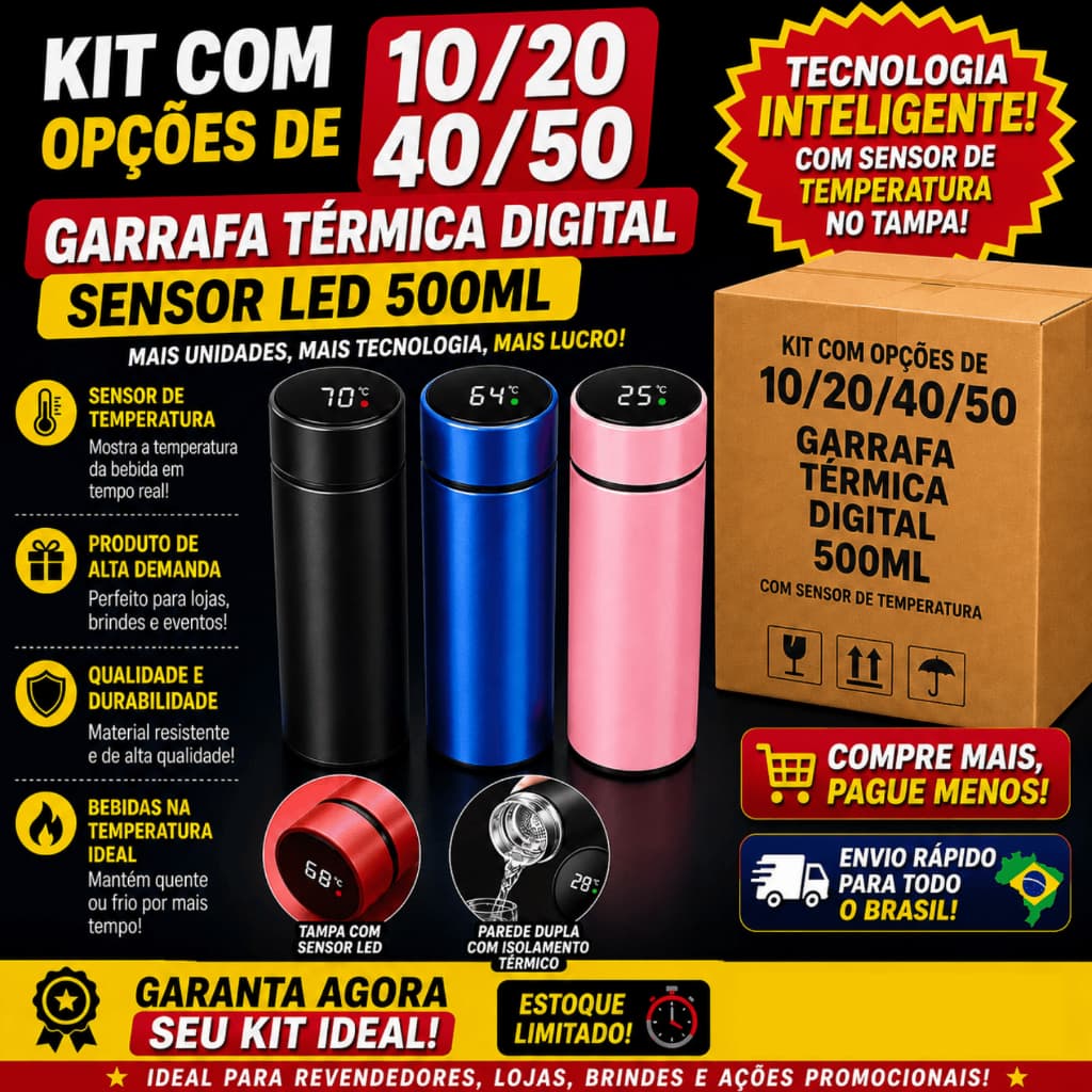 Kit 10/20/40/50 Garrafa Térmica Digital Sensor LED 500ml Caixa Revenda Atacado Fornecedor Inox Água