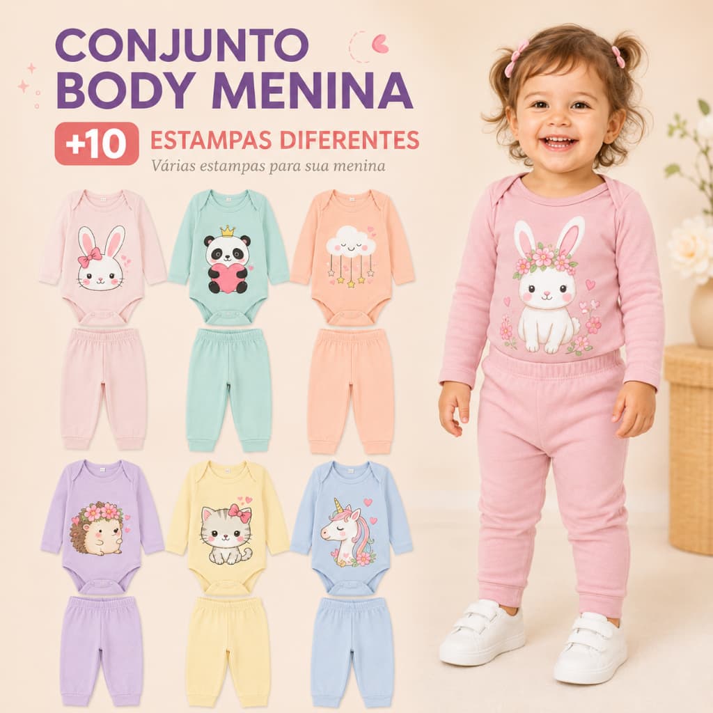 Kit 4 Peças 2 Body + 2 Calça Conjunto Body Bebê Menina Manga Longa + Calça Infantil Algodão Estampado
