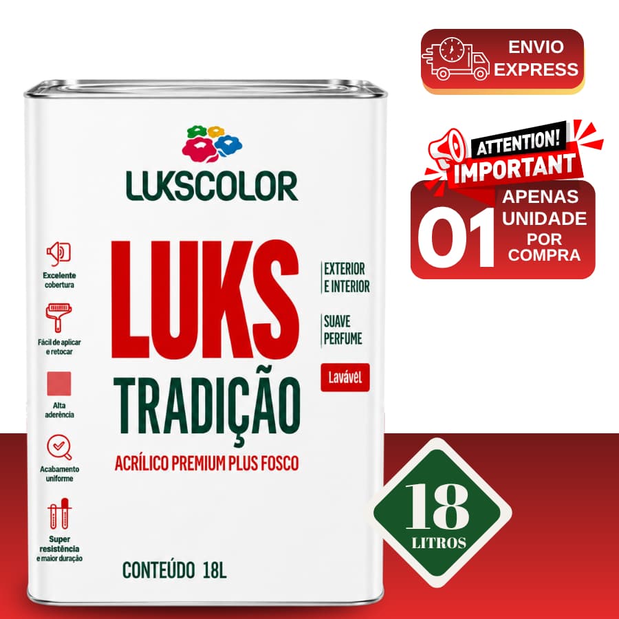 Tinta Acrílico Premium Lukscolor Tradição 18L Branca Alta Cobertura Lavável Paredes e Tetos