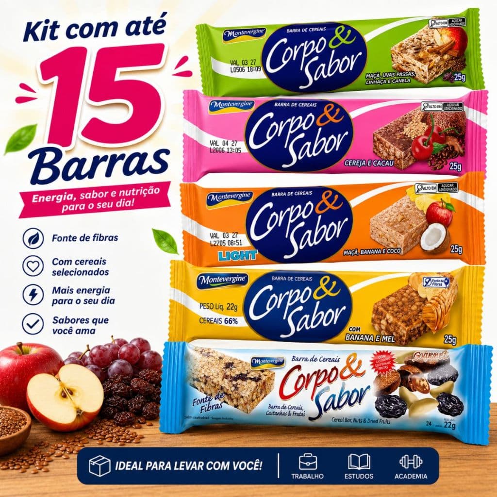 KIT com até 15 barras de Cereais Sabores Cereja Maça Banana & Mel Castanha Pará Salada Frutas light
