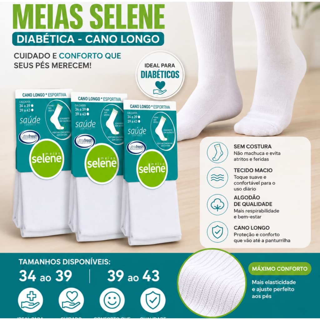 Kit 2 ou 3 Pares Meia Diabética Selene Cano Longo Branca Sem Costura Conforto Unissex 34-39 39-43