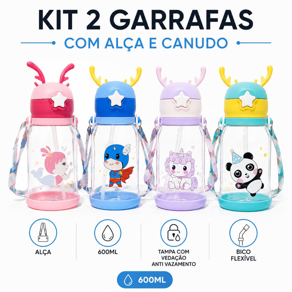 Kit 2 Garrafa de Alce Infantil Criança com Canudo Para Menino Menina 600ML Chifre
