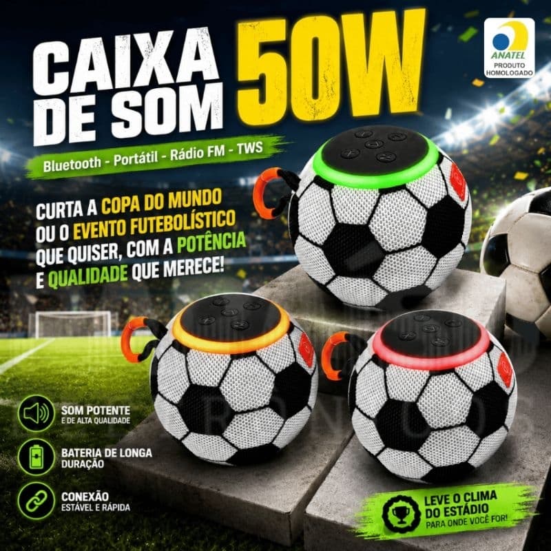 Caixa de Som Bluetooth Portátil Potente 50W Rádio FM Pen Drive RGB TWS IPX5 Kapbom FUTEBOL