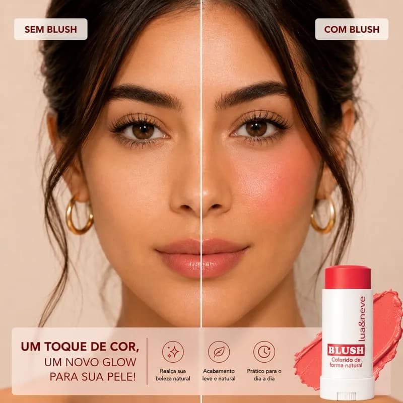 Blush Bastão Stick e Contorno Facial 2 em 1 - Alta Pigmentação Acabamento Natural - Lua e Neve 15g