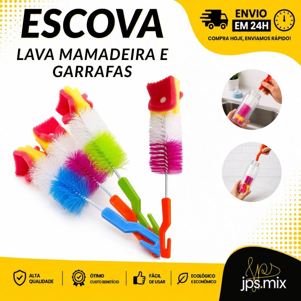 Escova Limpa Mamadeira e Garrafa com Esponja de Alta Limpeza e Cerdas Flexíveis