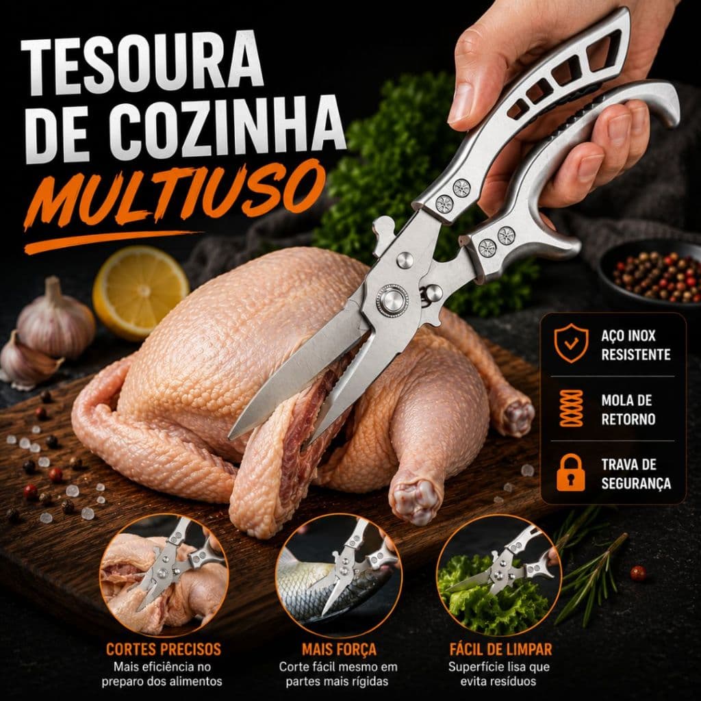 Tesoura Multifuncional Cozinha Corte Alimentos Frango Peixe Legumes Verduras Aço Inoxidável