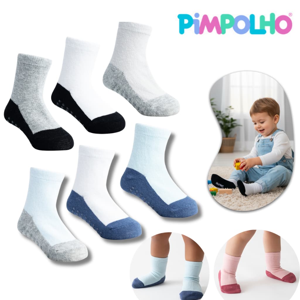 Kit Meia Infantil da Pimpolho Antiderrapante Para Bebe Tam.16-20 com 3UN de Meias Menina Base Escura