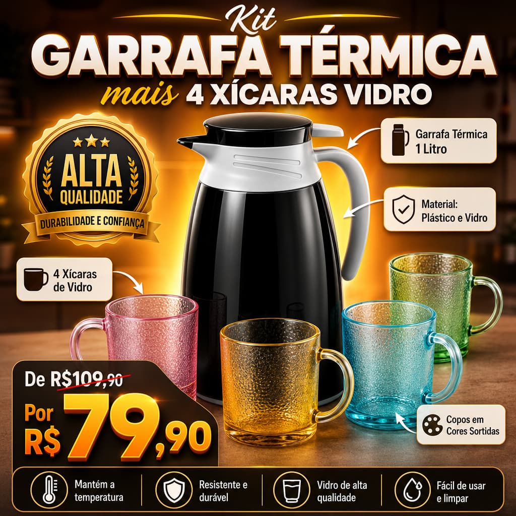 Kit Garrafa Térmica 1 Litros mais 4 Canecas Vidro 190 ml Café Leite Quente