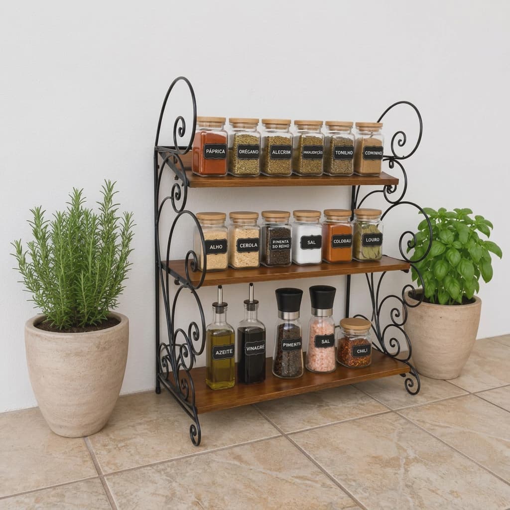 Prateleira Organizadora 3 Andares Ferro Arabesco Madeira Suporte Temperos Cozinha Jardim Decorativo