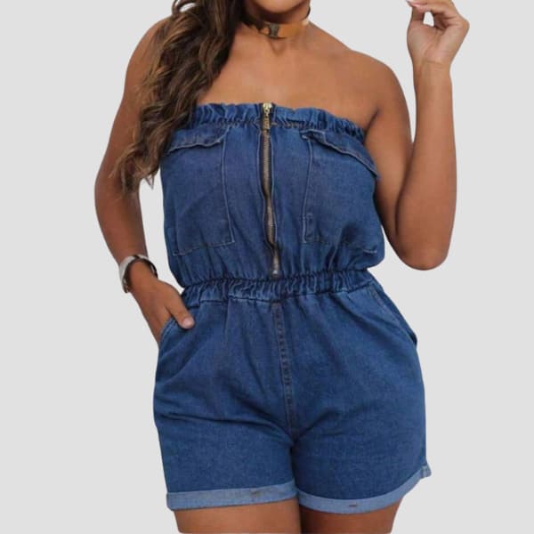 Macaquinho Jeans Tomara Caia Feminino Zíper Frontal Bermuda Dobrada Lavagem Media Estlo Casual