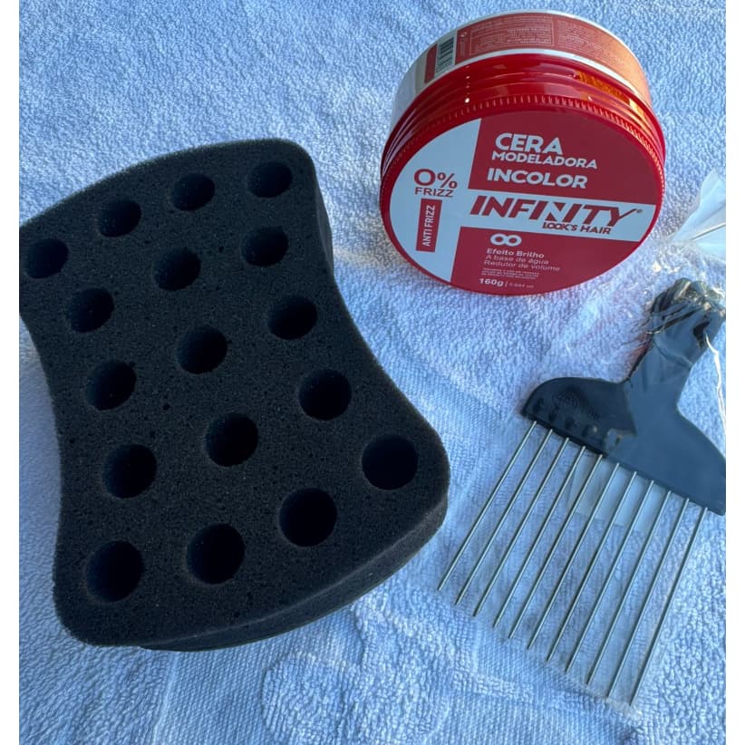 Kit Afro Barber Profissonal Esponja Nudred + Pente Garfo + Cera Modeladora