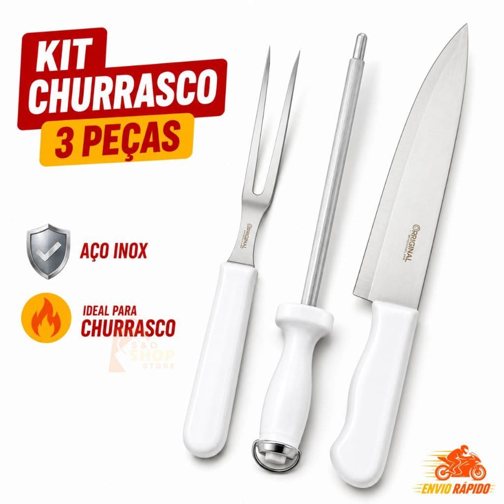 Kit Churrasco 3 Peças Aço Inox Faca Garfo Trinchante Chaira Cabo Branco