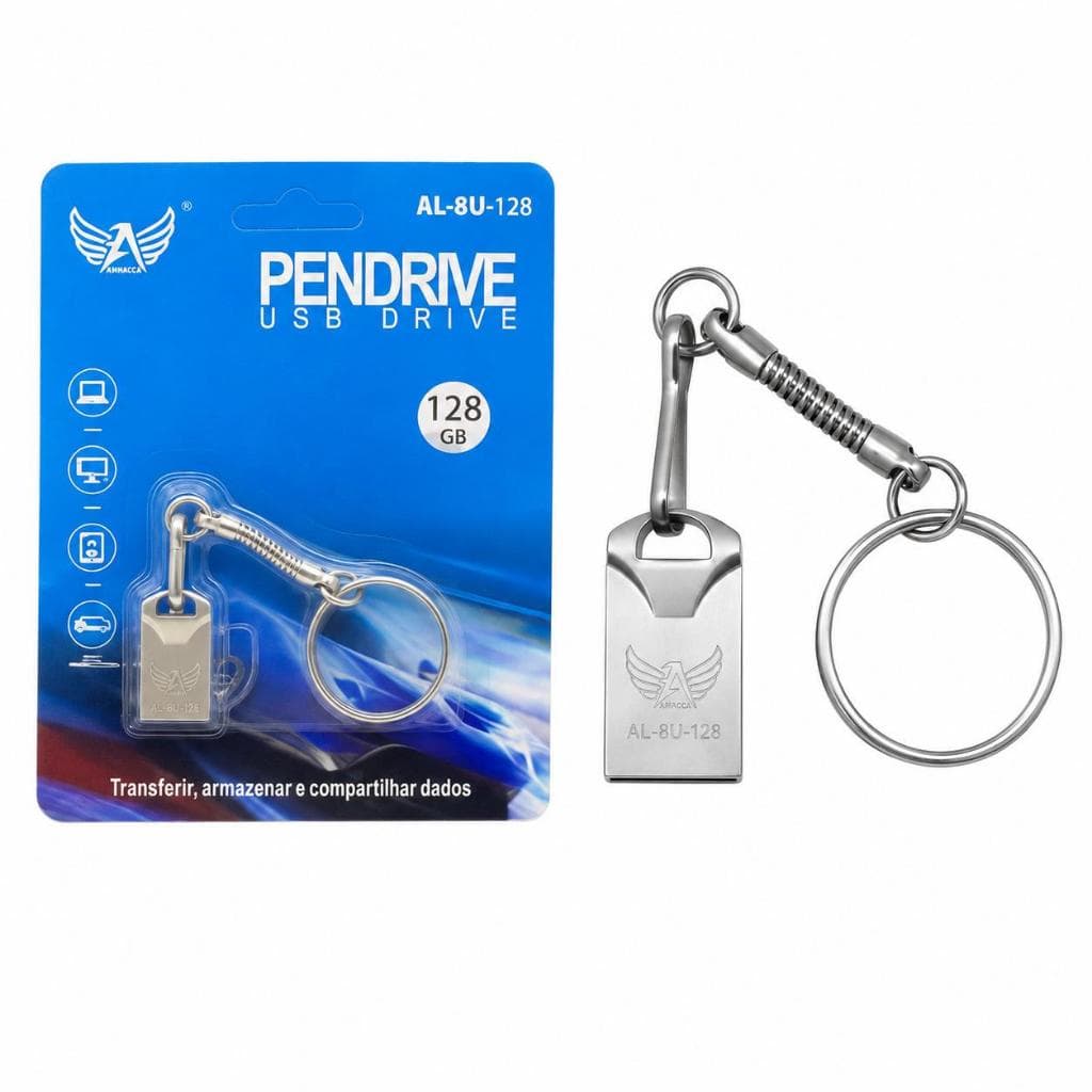 Pen Drive Chaveiro 128GB USB Portátil em Metal para Notebook PC TV Som Automotivo Fotos Vídeos Músicas e Backup N/fe top