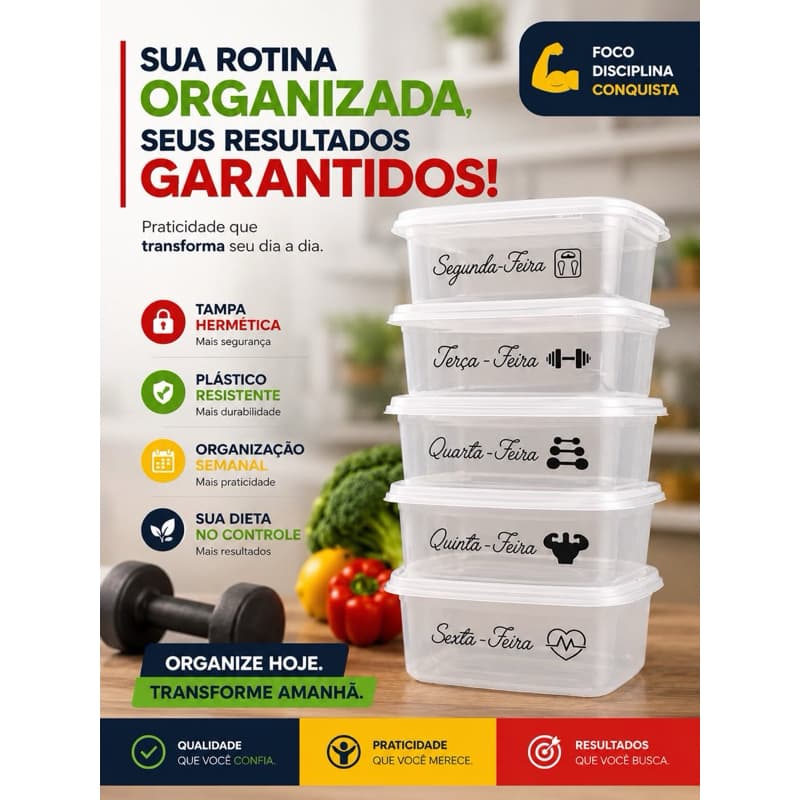 Kit 5 l 10 l 15 l 20 Potes Marmitas  Livre Bpa Transparentes Fitness Microondas Freezer Organizador Alimentos