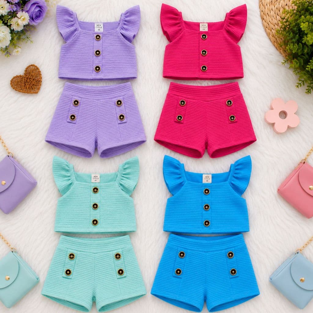 Kit 3 Conjunto Feminino infantil Menina Blogueirinha Canelado Liso babado Básico 02 ao 08
