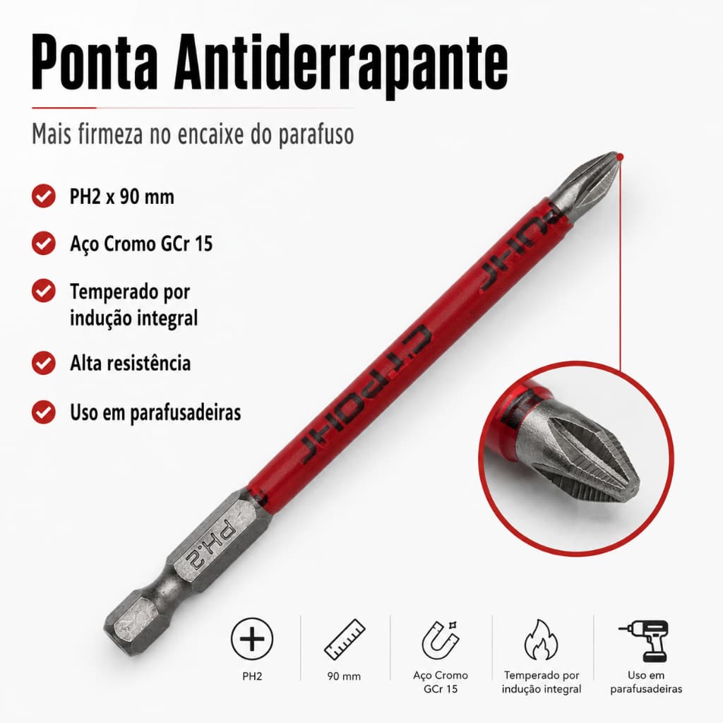 Bits Philips Com Imã PH2x90MM Antiderrapante