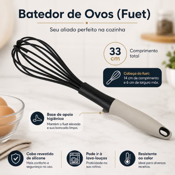Batedor de Ovos Fuet 33 cm Nylon com Cabo de Silicone e Base de Apoio