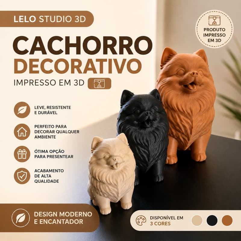 Escultura Cachorro Spitz Lulu da Pomerânia Decorativa 3D | Decoração Moderna em PLA | Tamanhos P, M e G