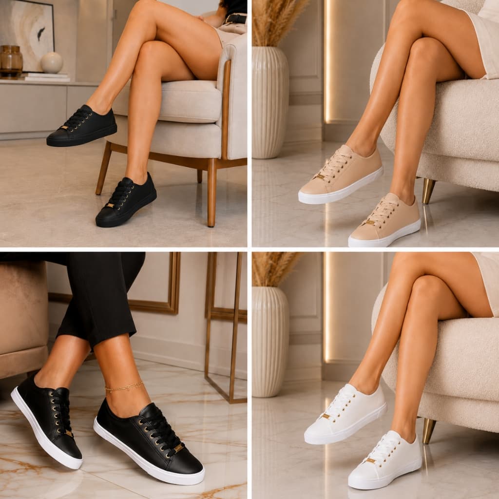 Tênis Moleca Feminino Original Casual Confortável Com Cadarço Preto Branco Bege
