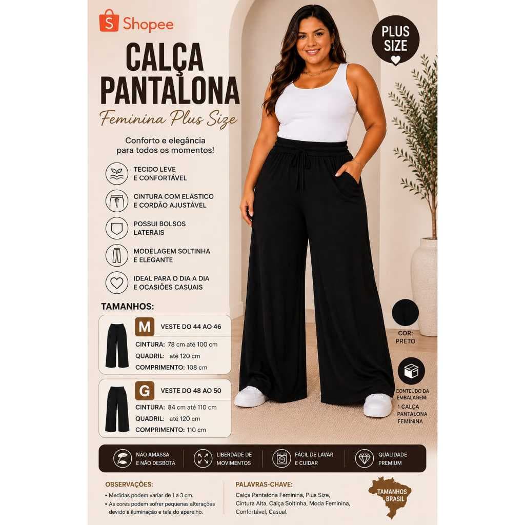 Calça Plus size Feminina Pantalona Em Ribana Cintura Alta Confortável