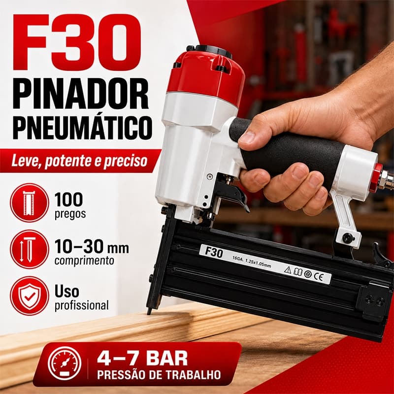 Pinador Pneumático F30 para pinos 10–30mm, equipamento prático para montagem de madeira