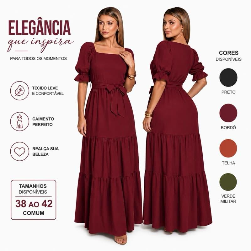 Vestido Longo Manga Três Camadas Feminino Elegante Tendência Moda Evangélica Cristã Feminino Casamento Culto Chic