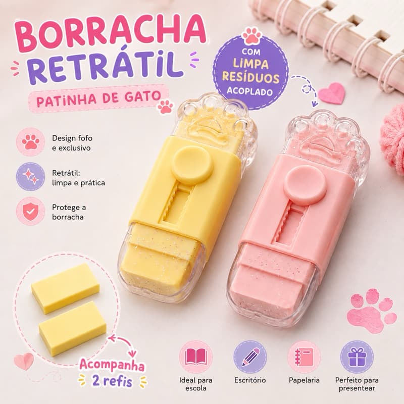 Borracha Patinha de Gato Retrátil Com Limpa Resíduos + 2 Refis Escolar