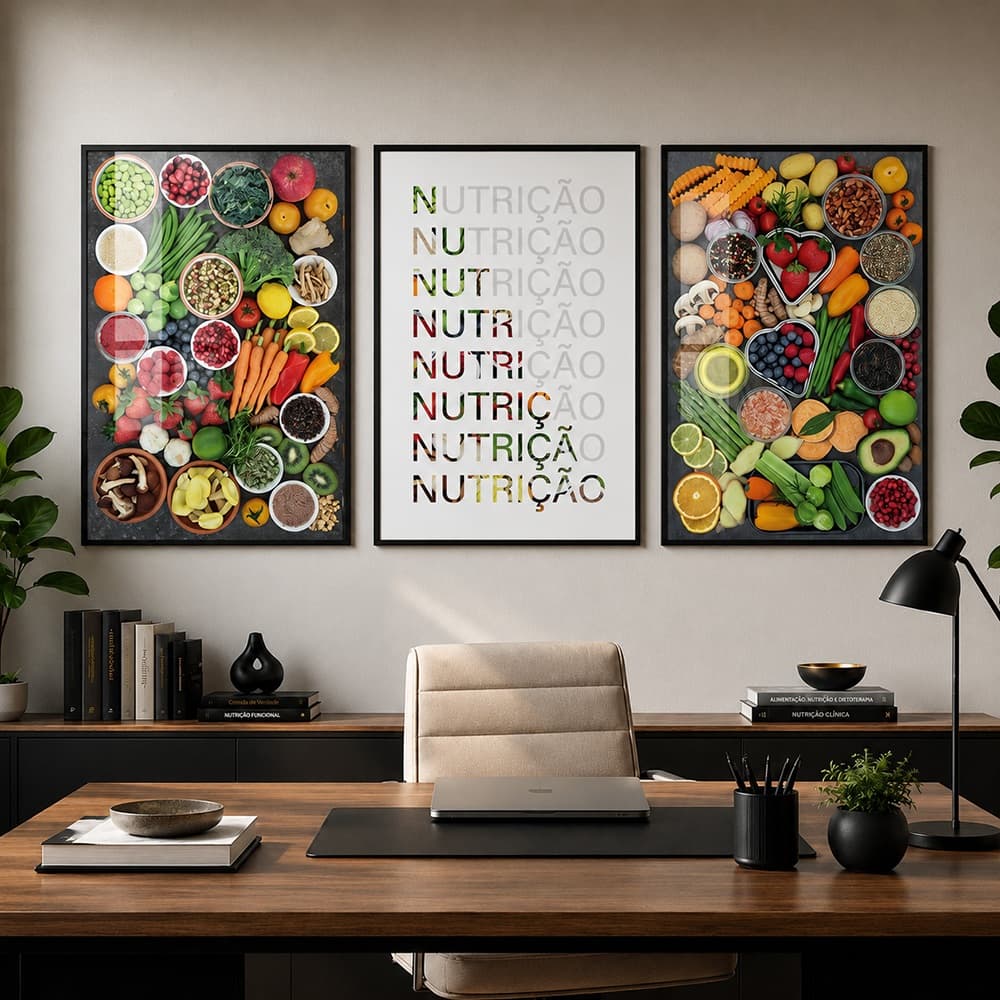 Quadro Decorativo 3 Telas Nutrição Para Nutricionista Clínica Consultório Alimentação Saudável