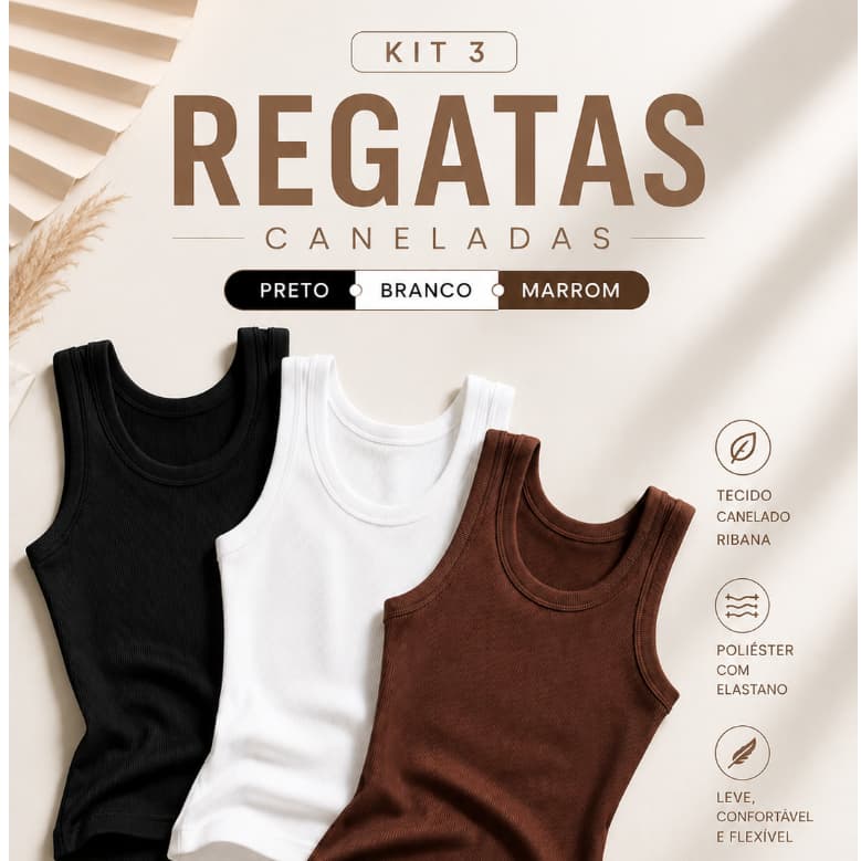 Kit 3 Regatas Femininas Básica Ribana Justa Canelada Casual Academia Moda Verão