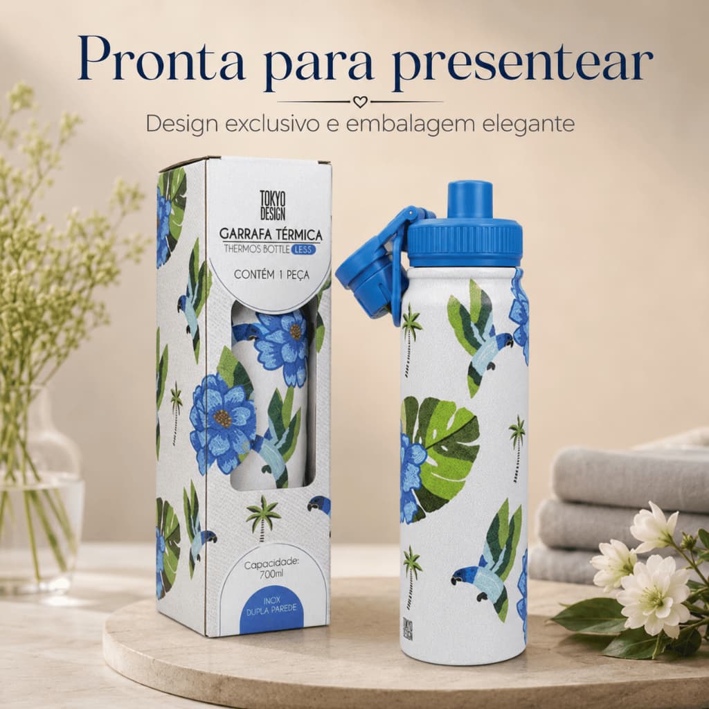 Garrafa Térmica 700ml Inox Dupla Camada C/ Alça Estampadas
