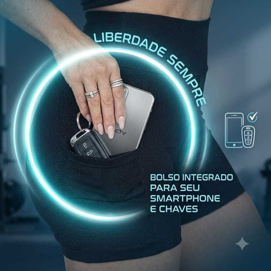 Shorts Legging Feminino Fitness Cós Alto com Bolso Lateral para Celular Academia Academia Corrida Preta Bolsinho
