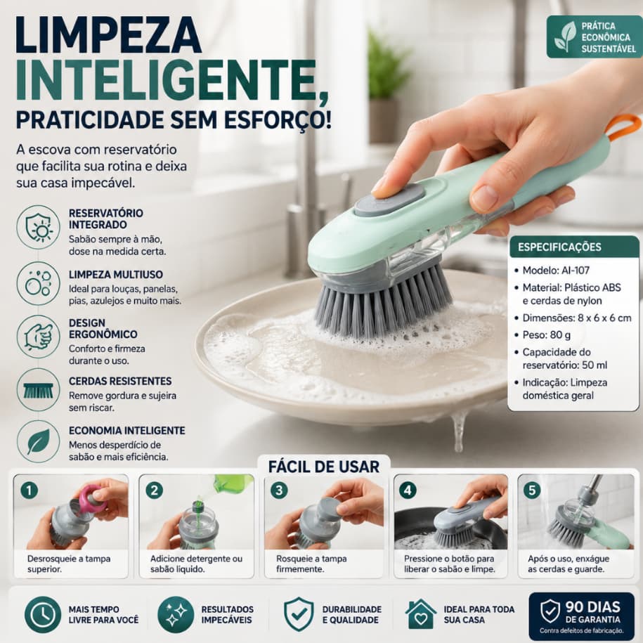 Escova Multiuso Premium com Reservatório de Detergente Integrado para Limpeza Eficiente da Cozi