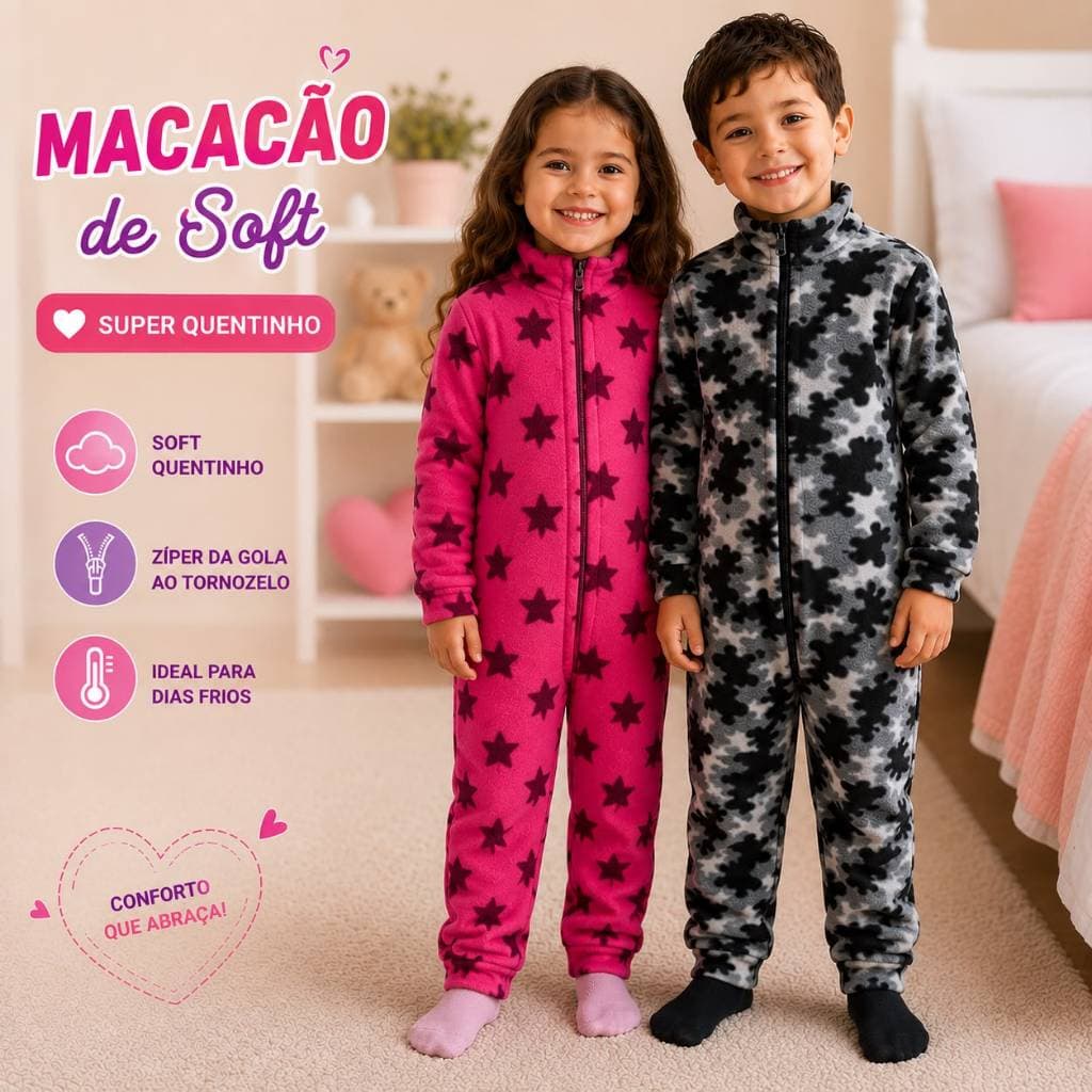 Macacão Infantil Soft com zíper pijama baby kids quente frio inverno