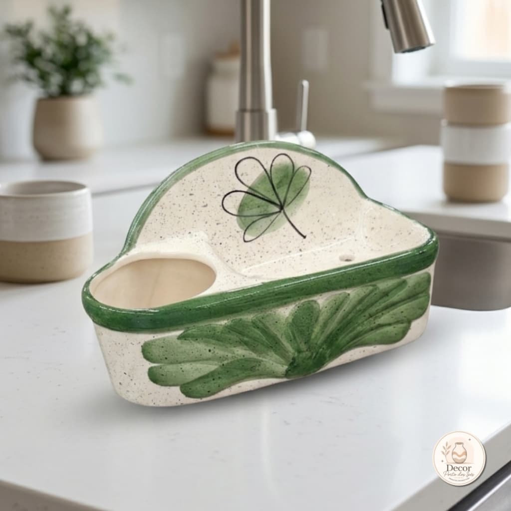 Porta Detergente Sabão Em Cerâmica | Verde Ruta Trevo | Esponja Detergente Sabão de Bancada | Cerâmica Artesanal