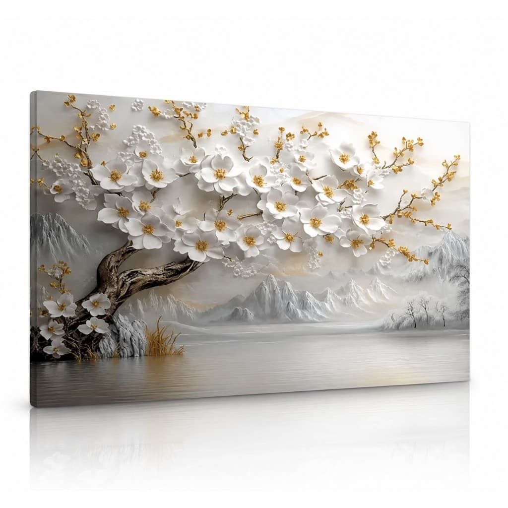 Quadro decorativo Grande Jardim dourado Árvore branca Decoração Sala Hall Ambiente